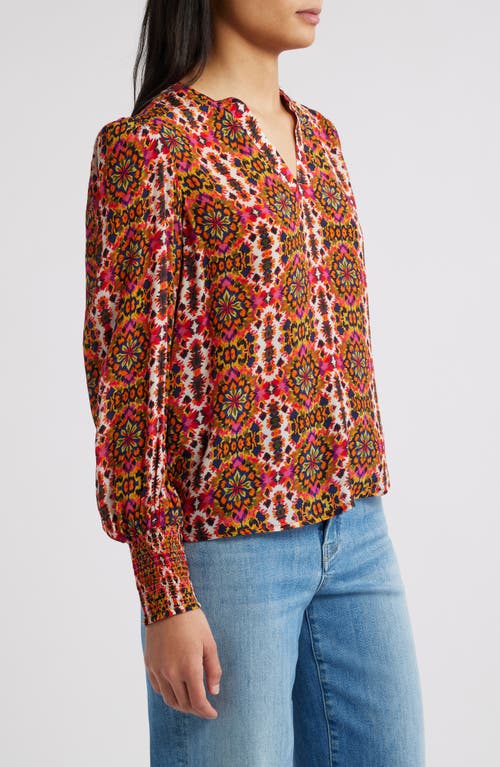Apny Batik Print Split Neck Top In Red Multi