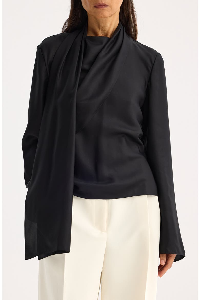 Long Sleeve Silk Foulard Top, Main, color, BLACK