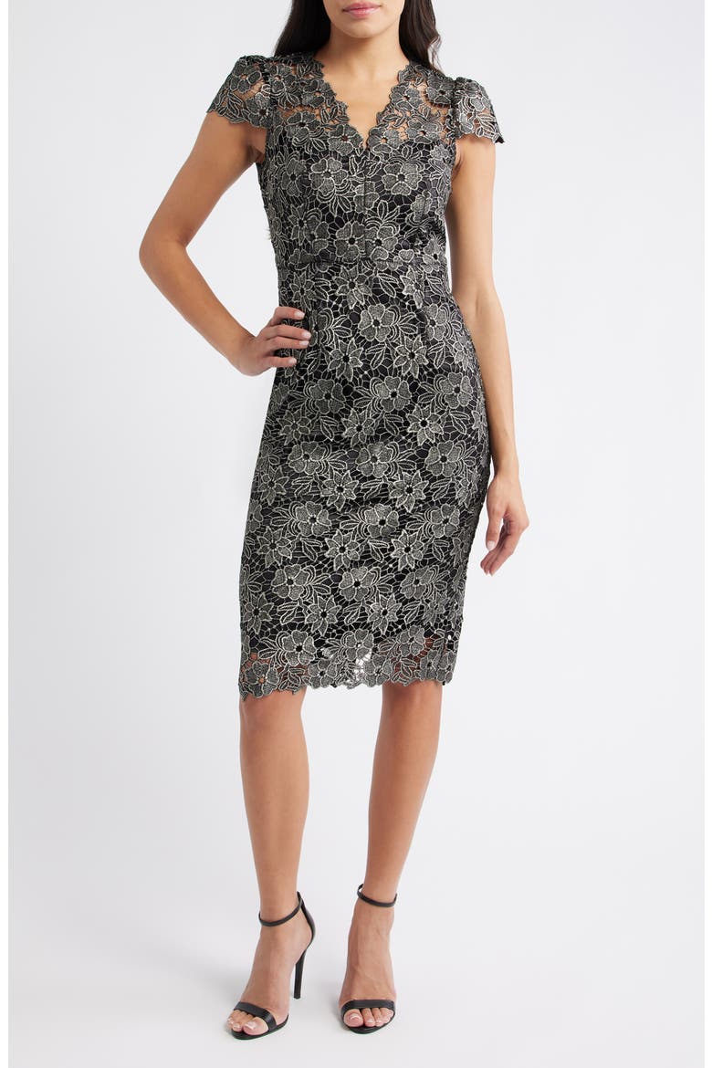 Metallic Floral Lace Sheath Dress, Main, color, BLACK GOLD