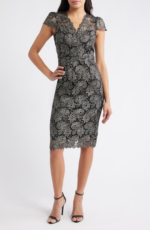 Metallic Floral Lace Sheath Dress