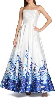 Mac Duggal Strapless Floral Printed Mikado Ball Gown