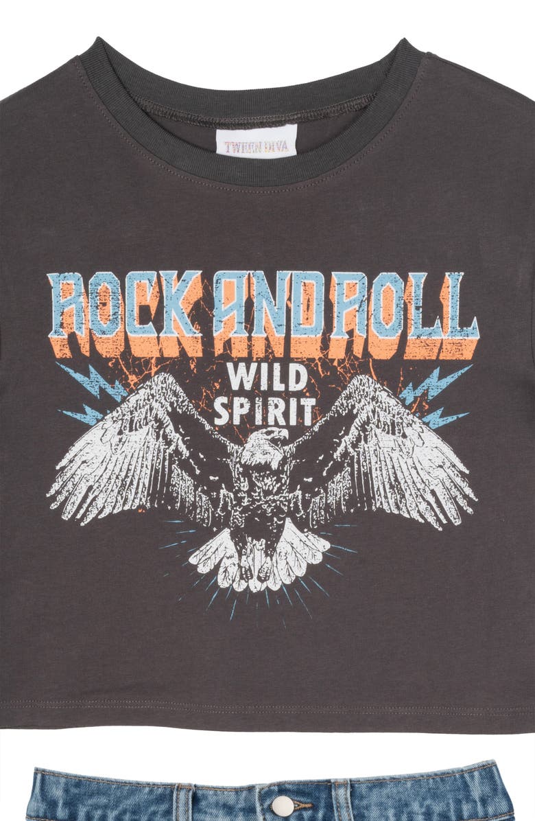 Tween Diva Kids' Graphic T-Shirt & Distressed Denim Shorts Set, Alternate, color,