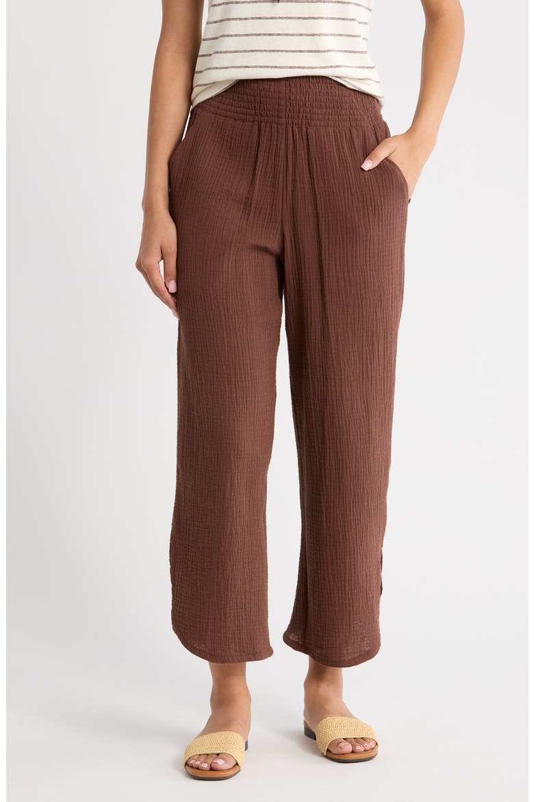 Cali Smocked Waist Double Cloth Pants, Main, color, SHAVED CHOCOLATE
