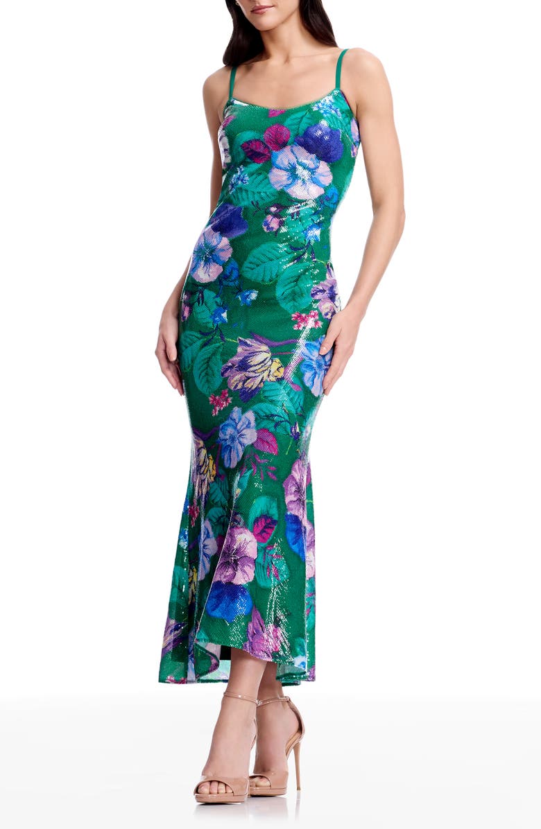 Dress the Population Susan Sequin Floral Cocktail Midi Dress, Main, color, Kelly Green Multi