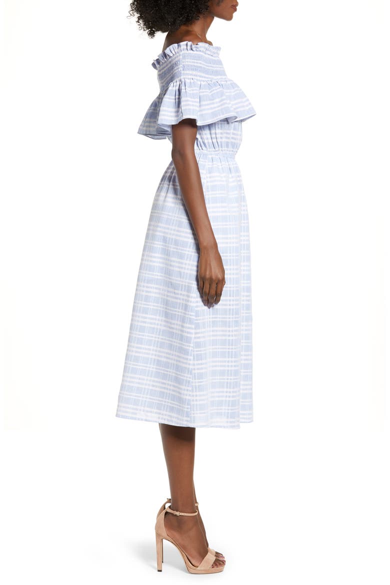 Off the Shoulder Smocked Midi Dress, Alternate, color, BLUE