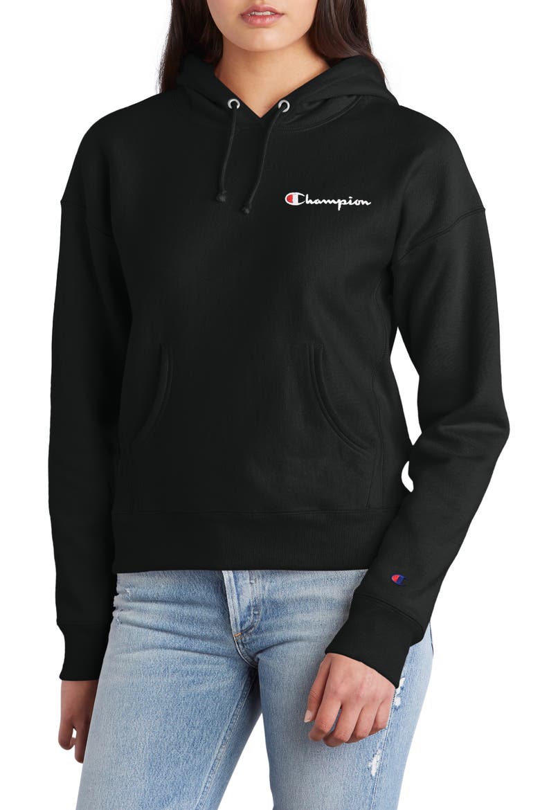 Reverse Weave® Logo Drawstring Hoodie, Main, color, BLACK