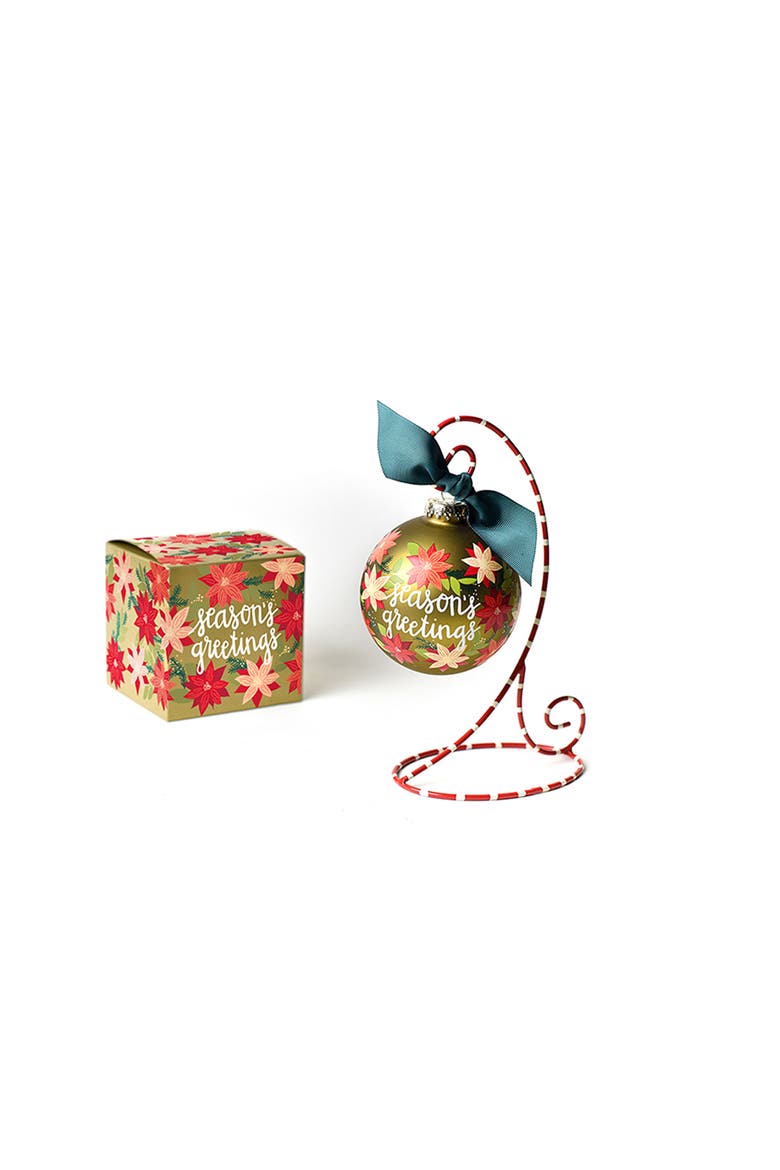 Seasons Greetings Poinsettia Glass Ornament with Red and White Stand, Main, color, Yellow