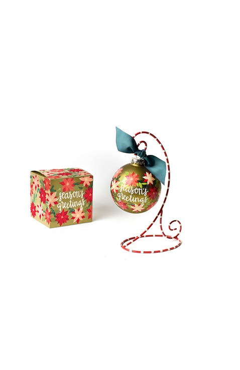 Seasons Greetings Poinsettia Glass Ornament with Red and White Stand