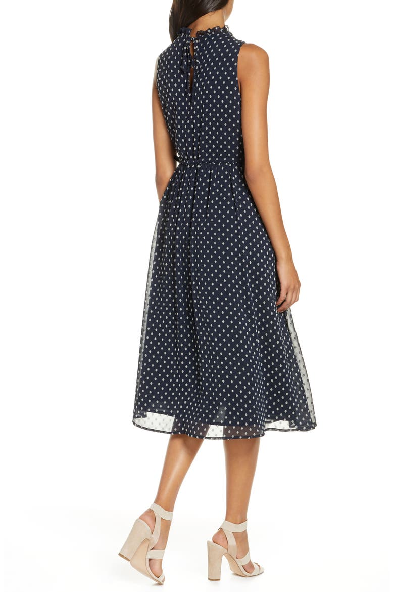 Sleeveless Polka Dot Tie Waist Midi Dress, Alternate, color, NAVY/ CREAM