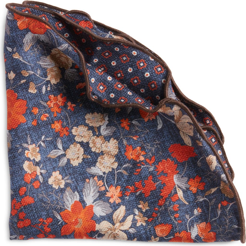 EDWARD ARMAH Floral & Diamond Medallion Reversible Silk Pocket Circle in Denim