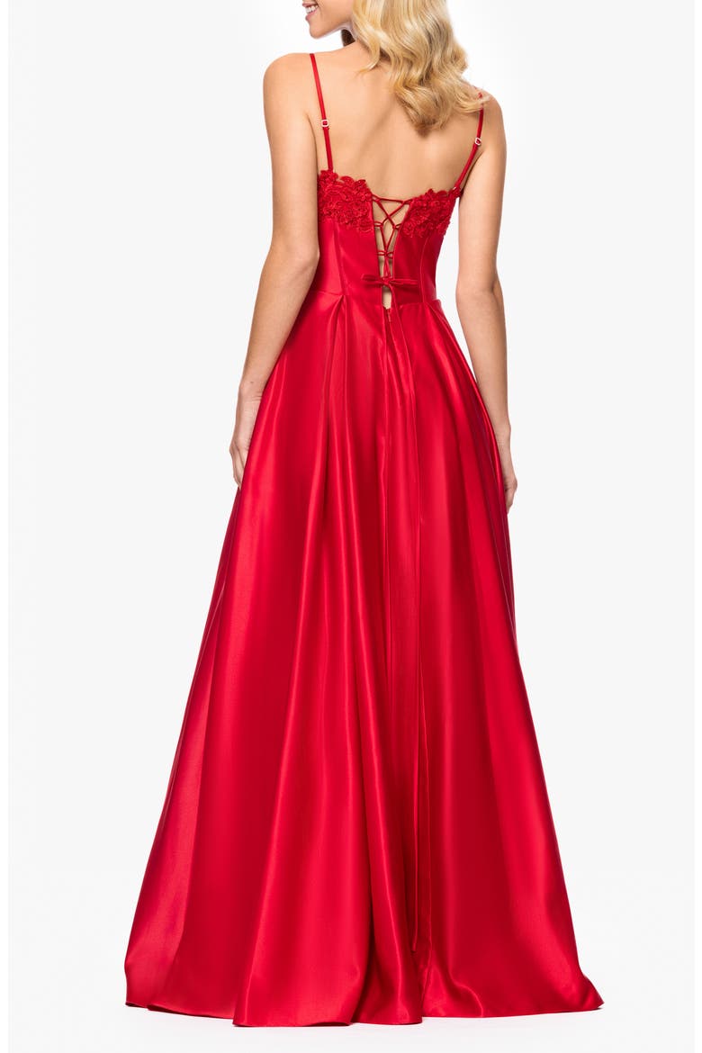 Floral Appliqué Lace-Up Satin Ballgown, Alternate, color, RED