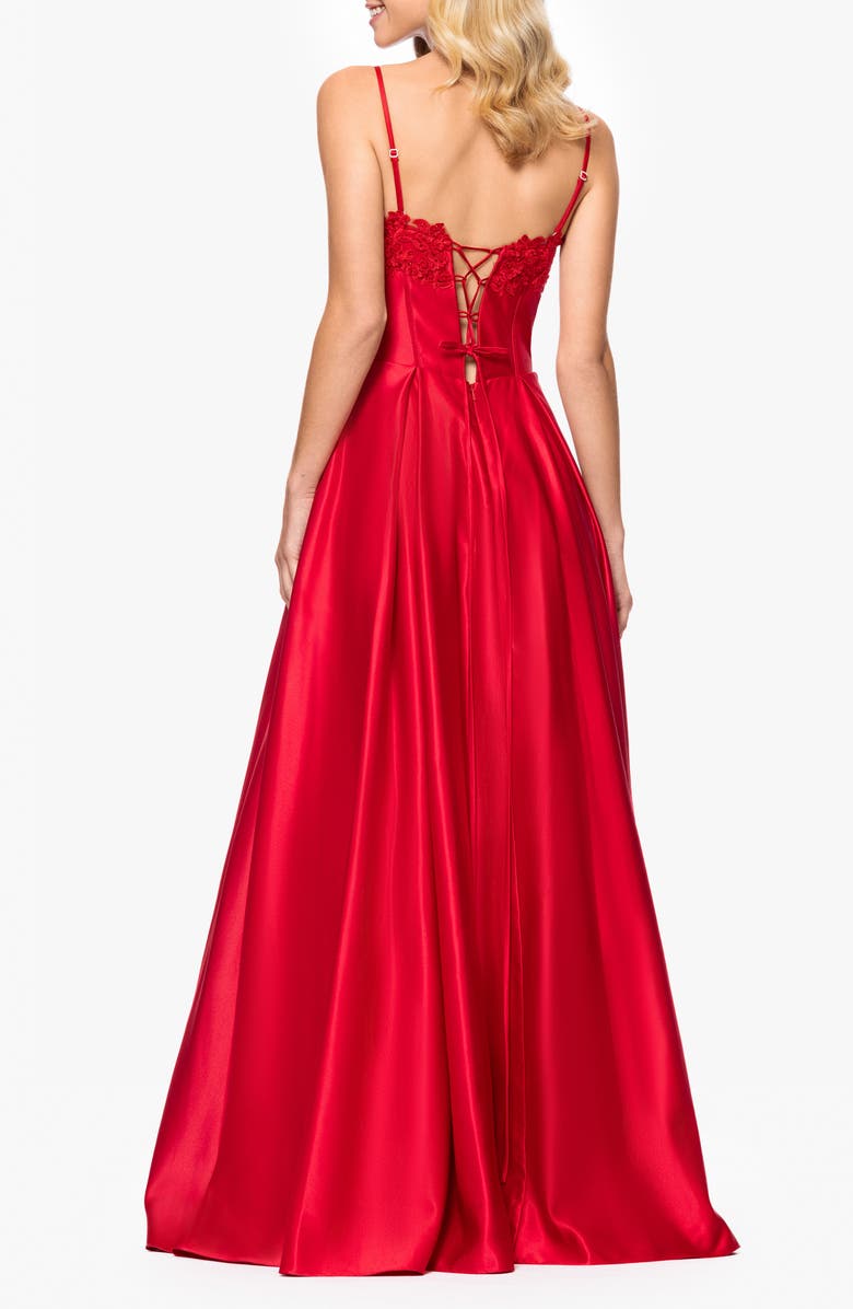Blondie Nites Floral Appliqué Lace-Up Satin Ballgown, Alternate, color, Red
