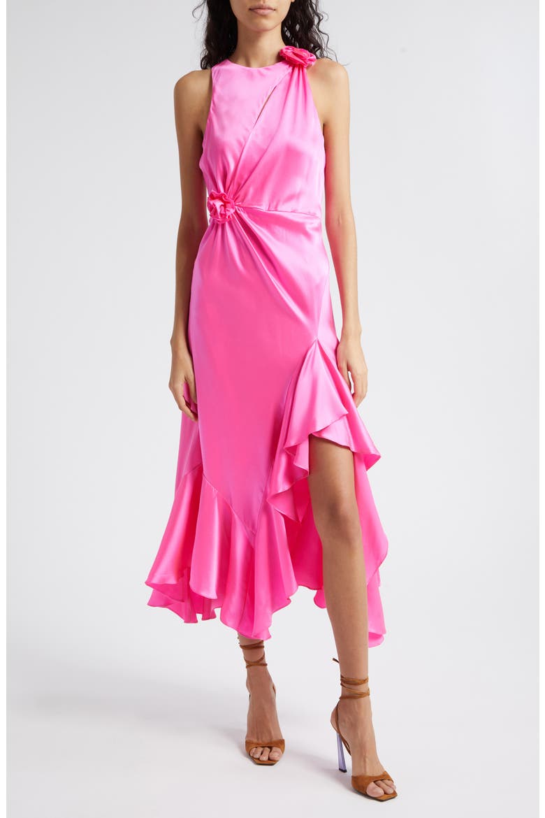 Cates Rosette & Ruffle Detail Silk Dress, Main, color, ELECTRIC PINK