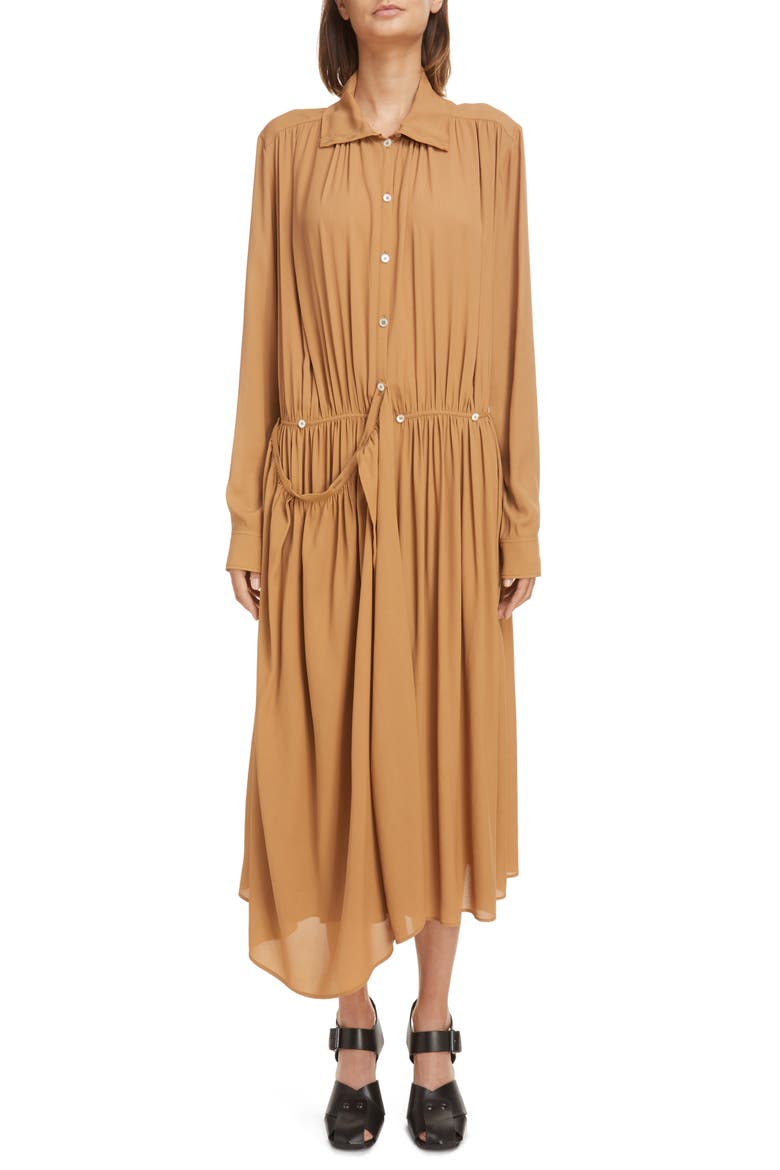 Asymmetric Long Sleeve Apron Dress, Main, color, CARAMEL 413