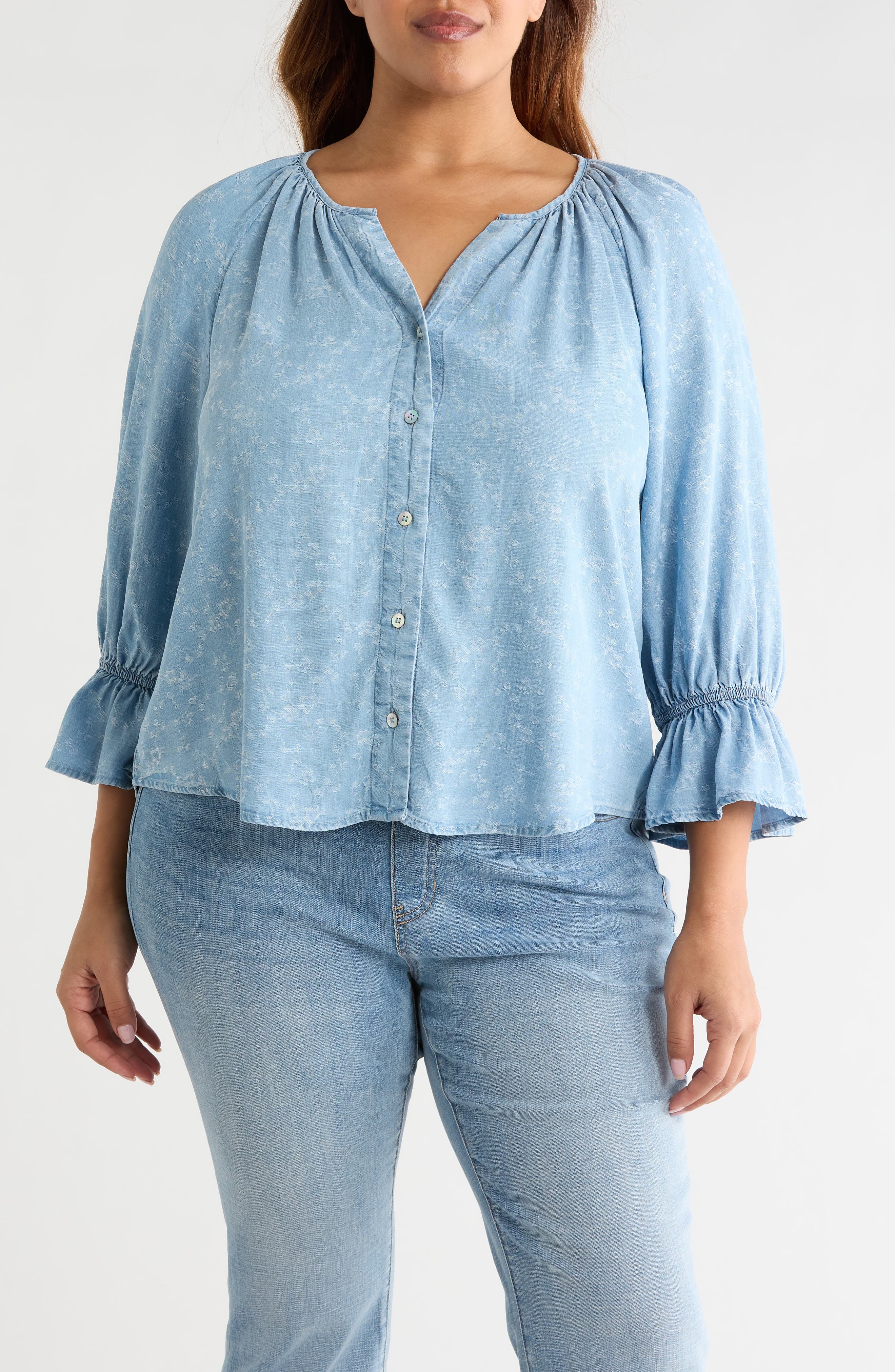 Shirred Chambray Button-up Top