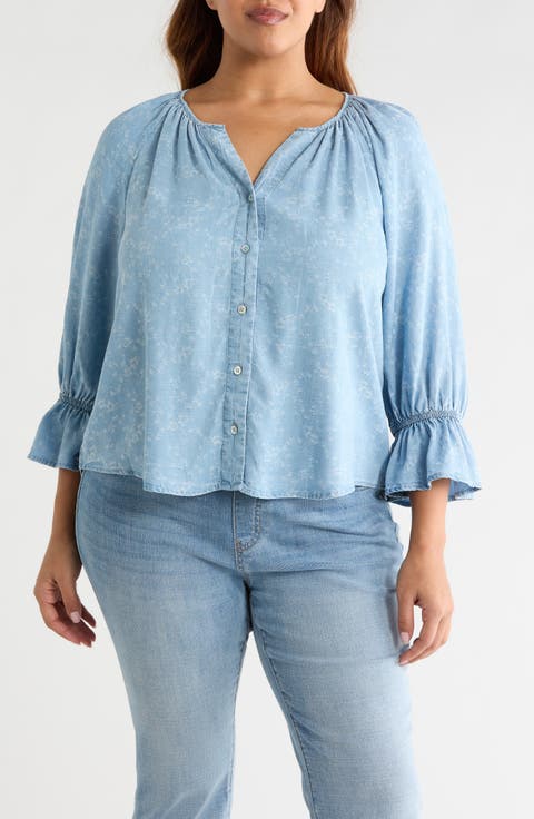 Shirred Chambray Button-up Top (Plus)