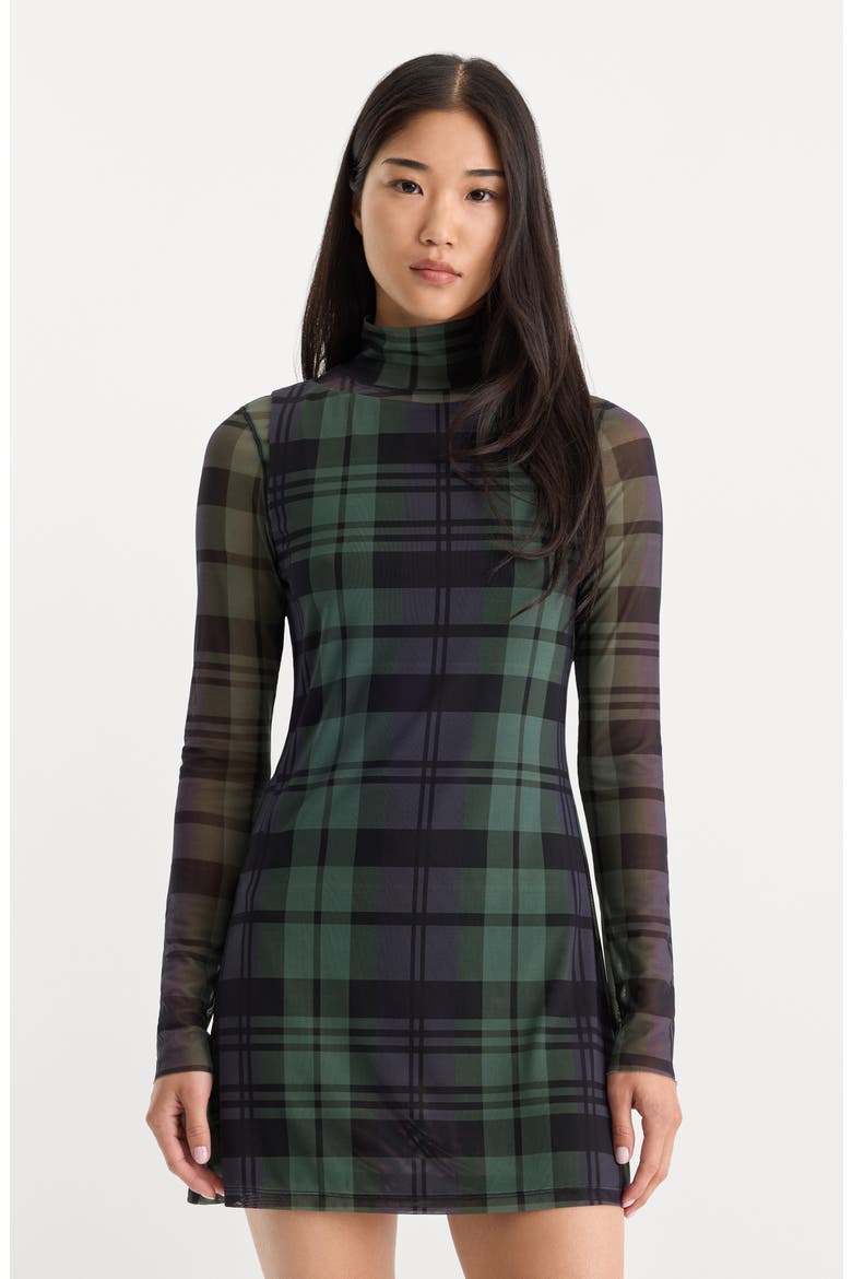 Mesh Plaid Minidress, Alternate, color, NAVY AND GREEN PLAID