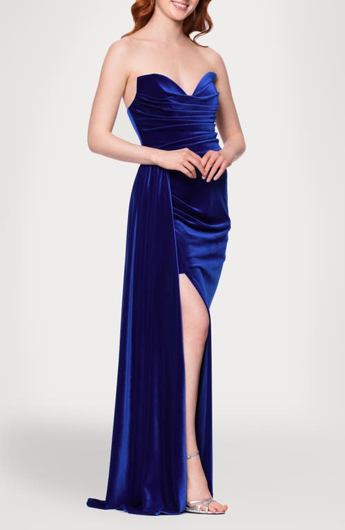 Blondie Nites Drape Strapless Velvet Gown In Blue