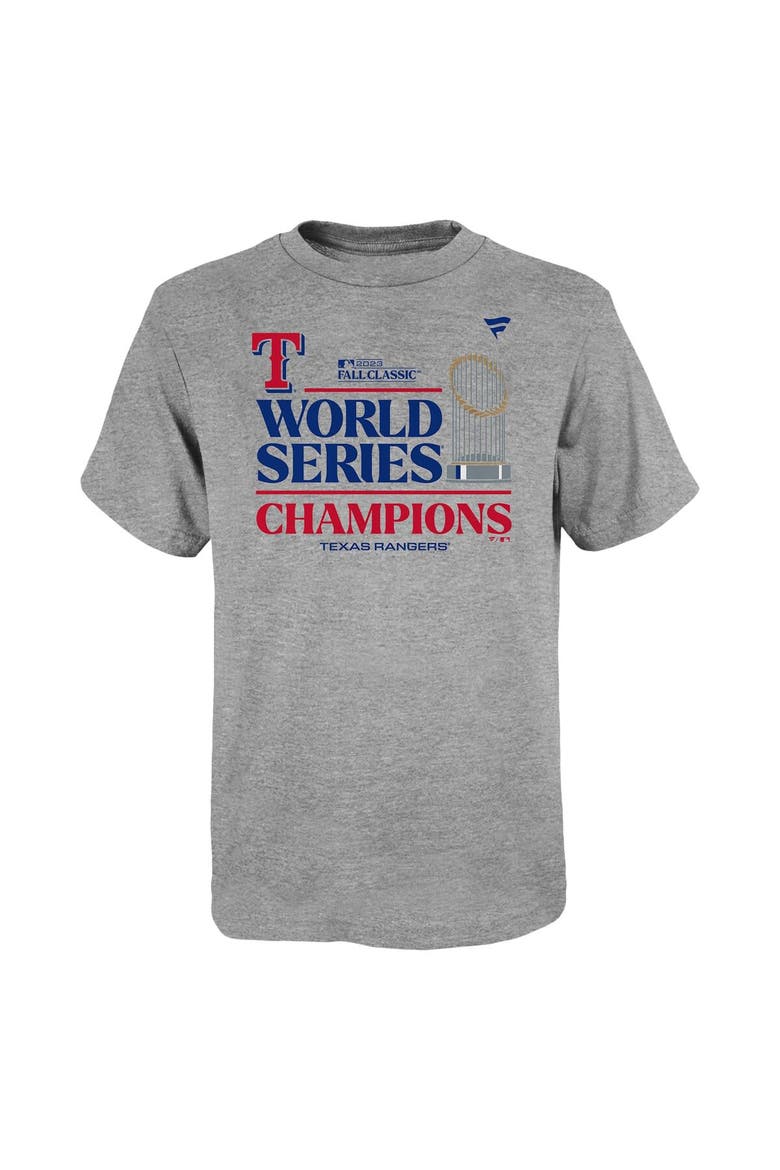 Youth Fanatics Branded Heather Gray Texas Rangers 2023 World Series Champions Locker Room T-Shirt, Alternate, color, Heather Gray