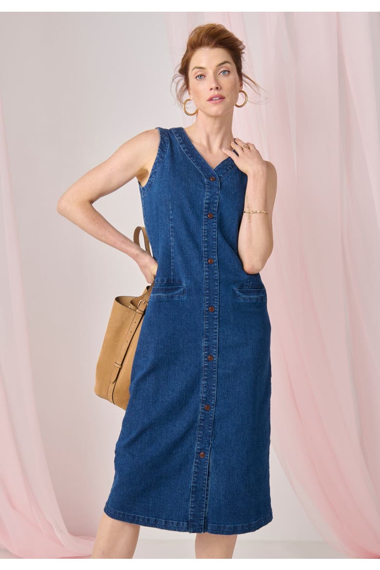 Denim Button Midi Dress, Alternate, color, MEDIUM STONEWASH