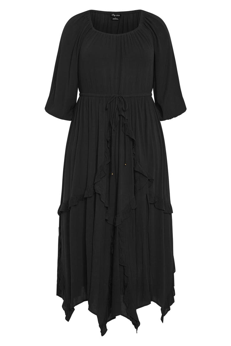 Arzel Crinkle Handkerchief Hem Midi Dress, Alternate, color, BLACK