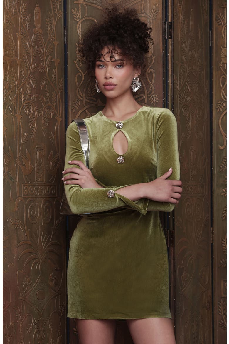 Rose Long Sleeve Velvet Minidress, Alternate, color, CHARTREUSE