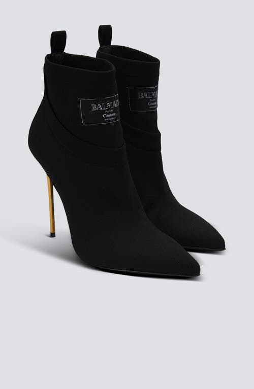 Balmain Black Stretch Knit Ankle Boots With Gold Lacquered Stiletto Heel In Black