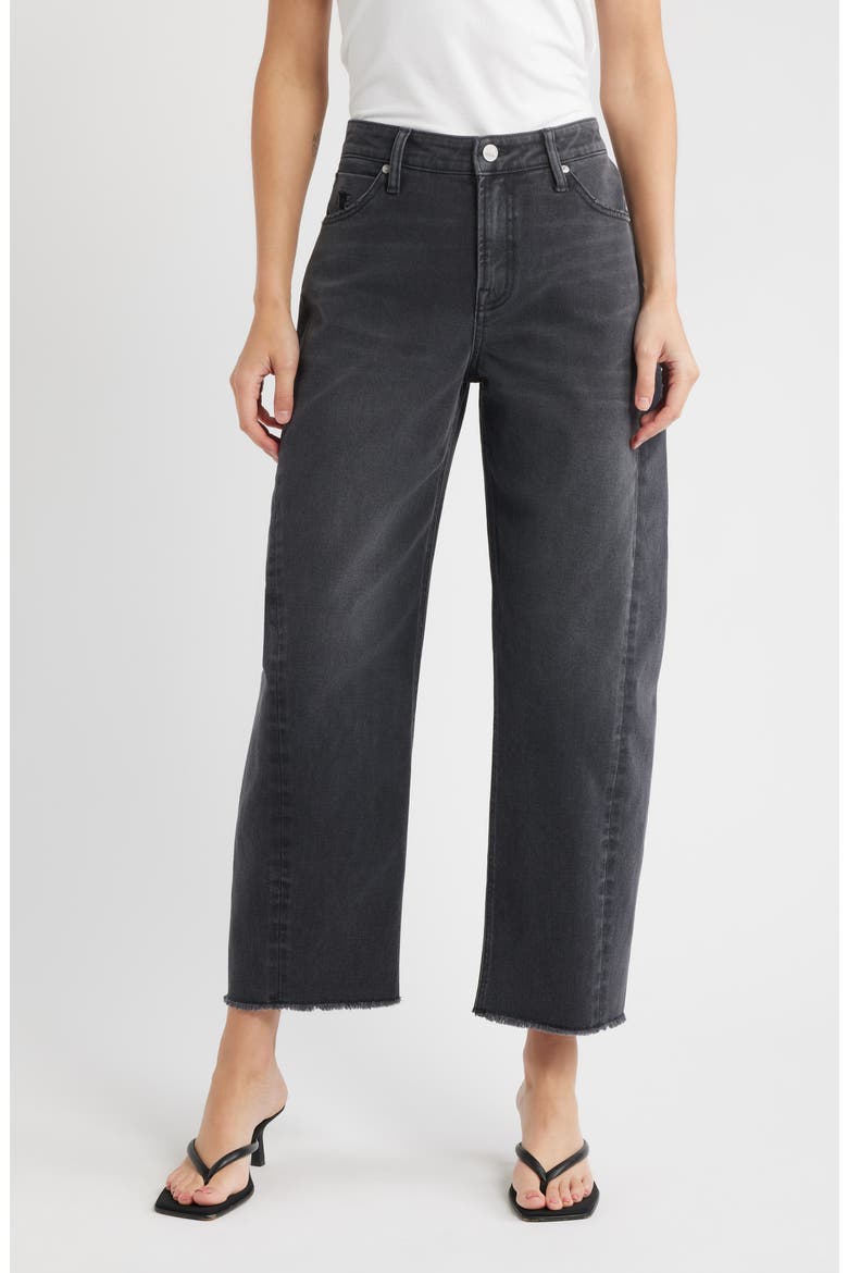 Frayed High Waist Ankle Barrel Jeans, Main, color, DARK VINTAGE WASH