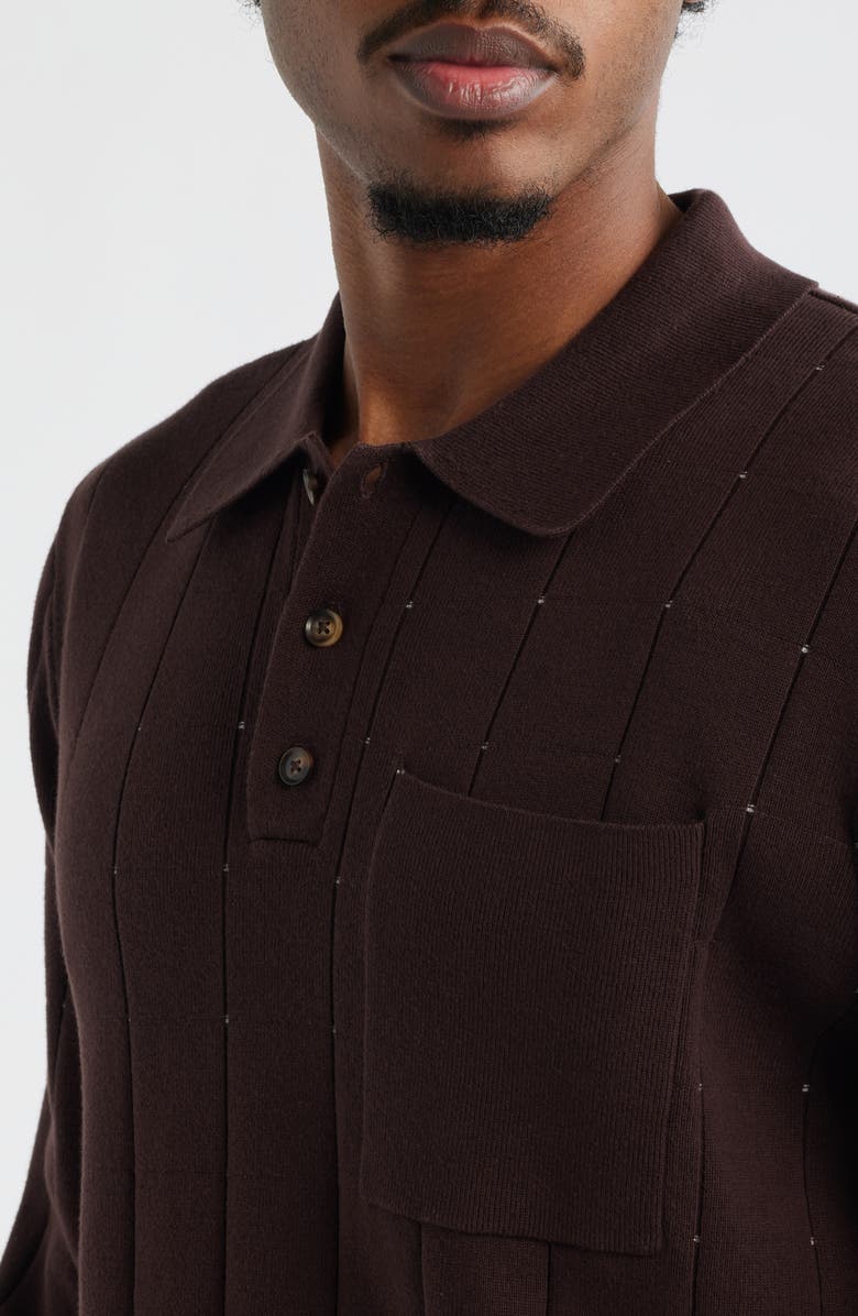 Topman Pointelle Long Sleeve Polo, Alternate, color, Brown