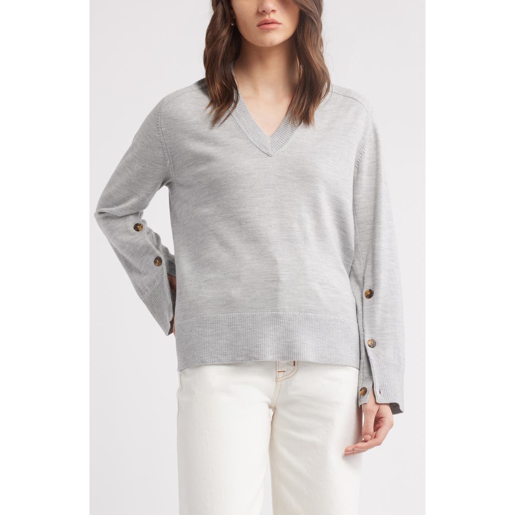 Nordstrom Button Detail Wool V-neck Sweater In Grey Heather
