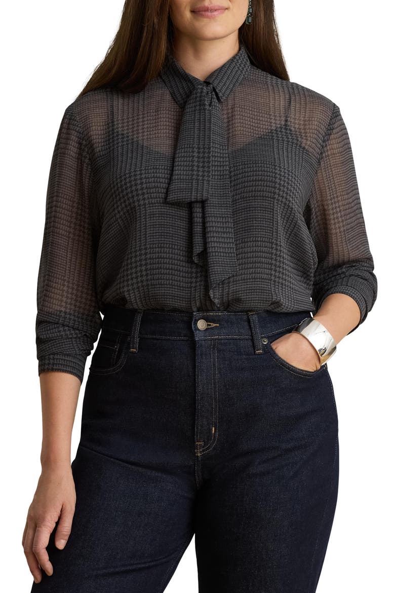 Tie Neck Glen Plaid Chiffon Shirt, Alternate, color, GREY