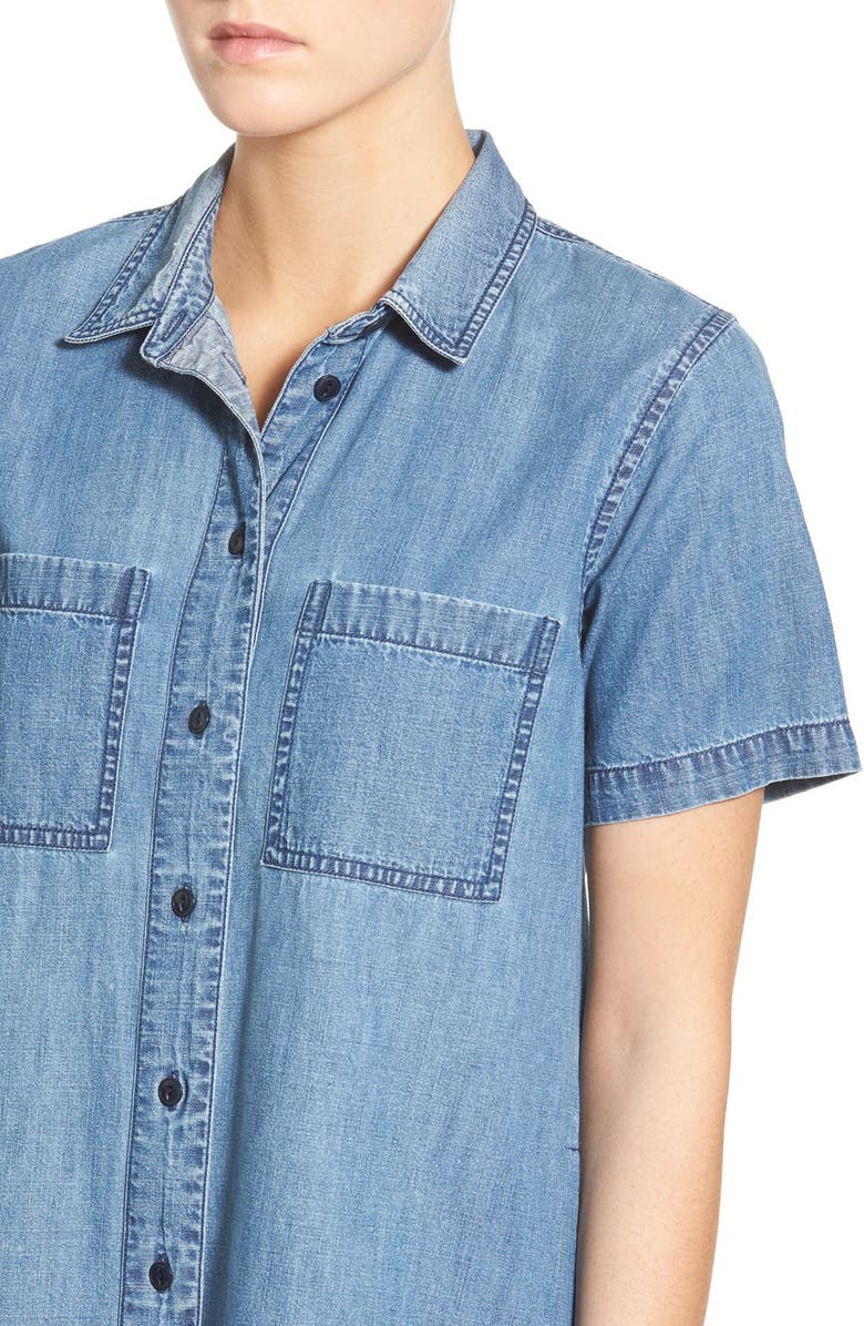 Madewell Frayed Hem Denim Shirtdress, Alternate, color, 