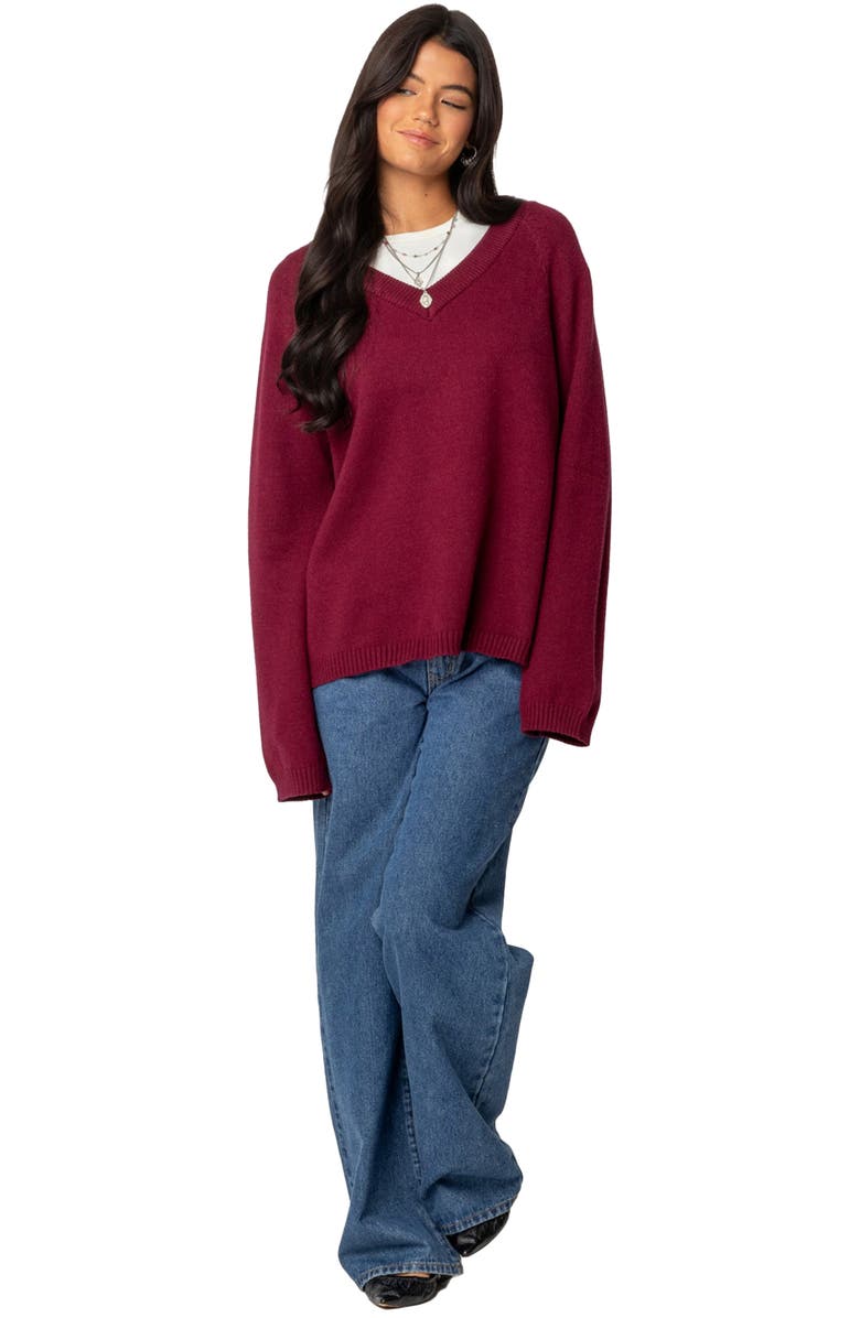 EDIKTED Martha Oversize V-Neck Sweater, Alternate, color, Burgundy