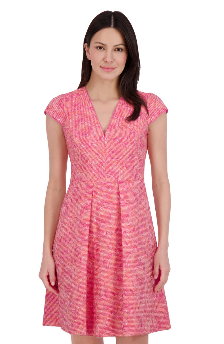 Vince Camuto Metallic Floral Jacquard Fit & Flare Dress, Alternate, color, Pink