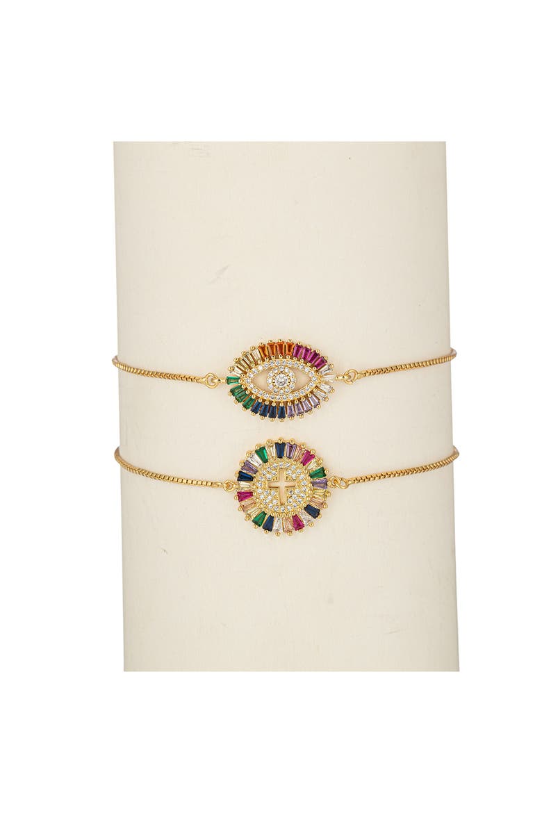 Cubic Zirconia Rainbow Eye and Cross Bolo Bracelet - Set of 2, Main, color, GOLD