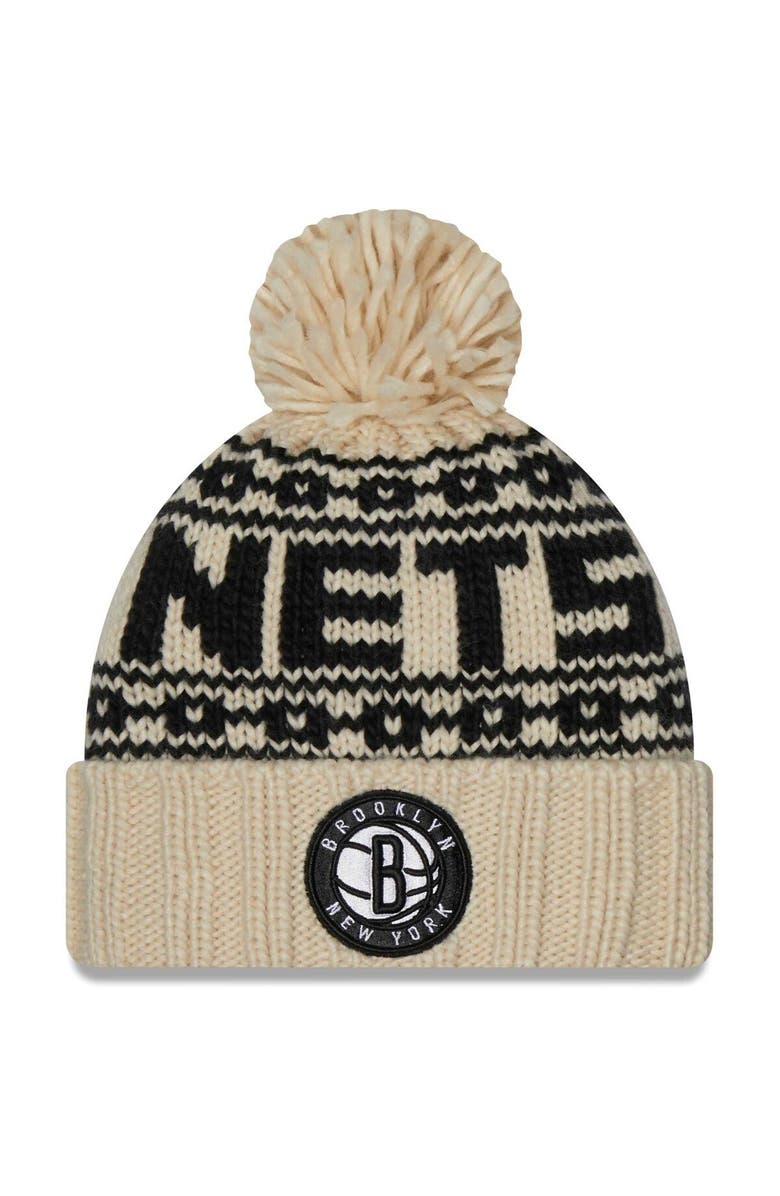 New Era Women's New Era Cream Brooklyn Nets Sport Cuffed Knit Hat with Pom, Main, color,