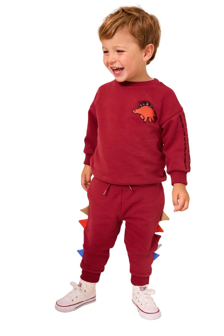 Kids' Dinosaur Appliqué Crewneck Sweater & Joggers Set, Alternate, color, RED
