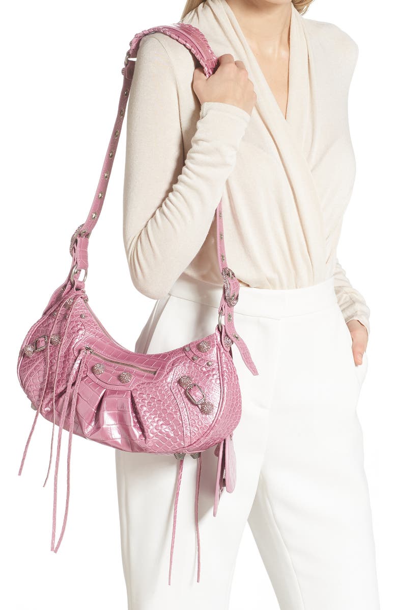 Balenciaga Le Cagole Metallic Croc Embossed Leather Shoulder Bag, Alternate, color,