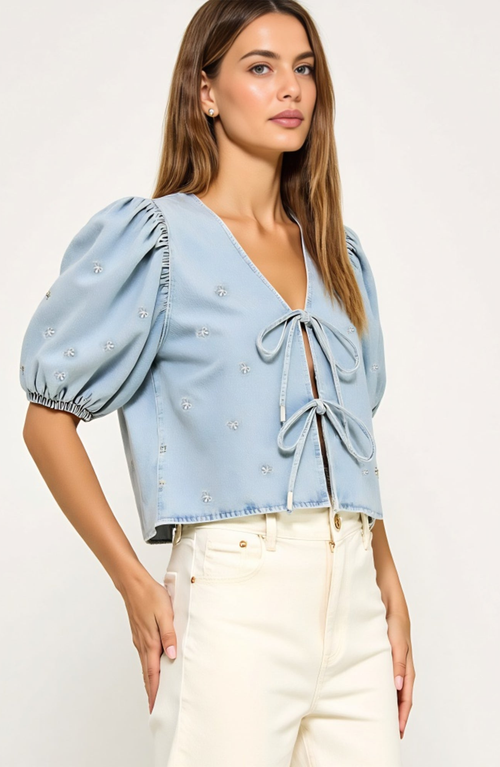 Modenaire Embroidered Bow Puff Sleeve Top With Front Tie Detail And V-neckline