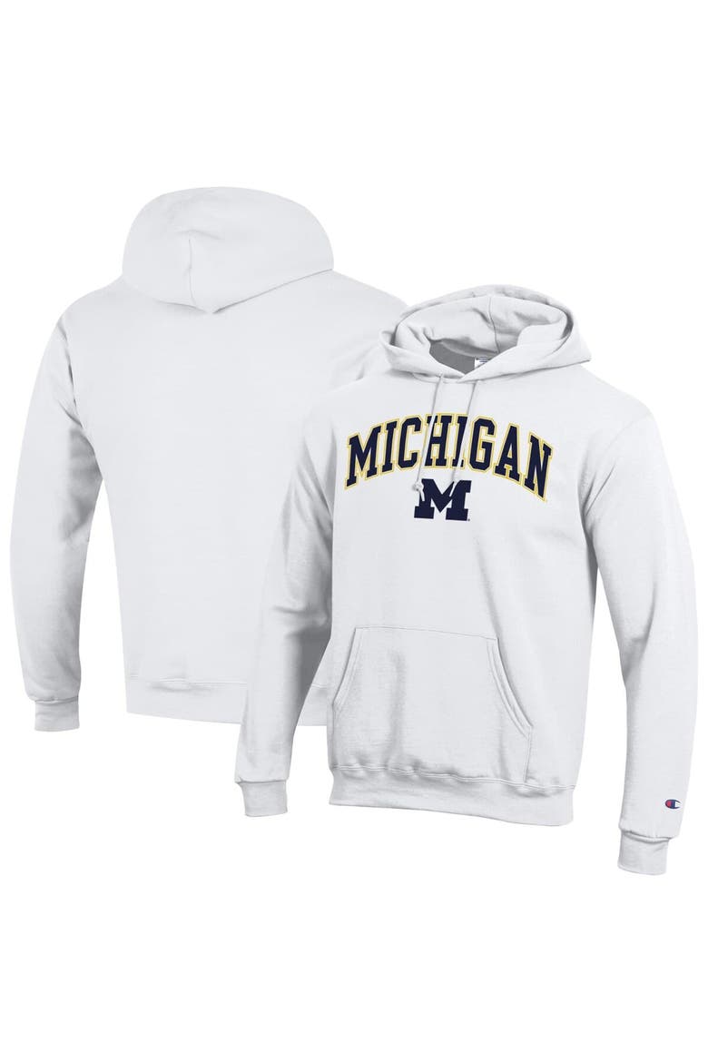 Men's Champion  White Michigan Wolverines Arched Logo Fleece Pullover Hoodie, Main, color, White