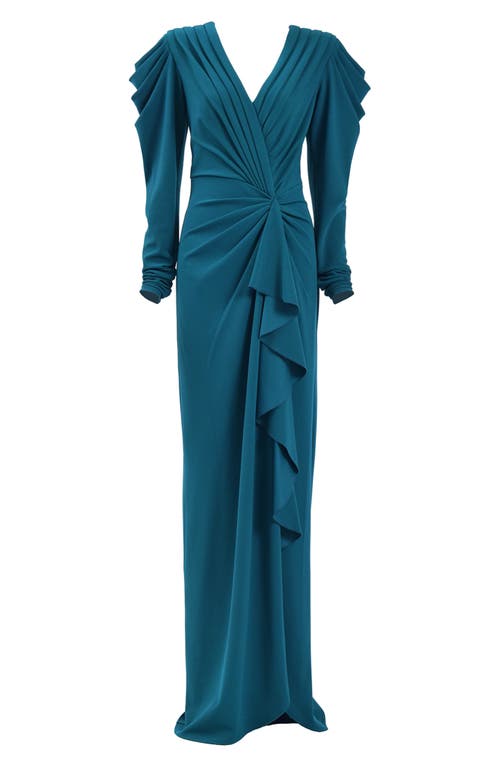 Tadashi Shoji Finch Waterfall Draped Gown In Tea Leaf