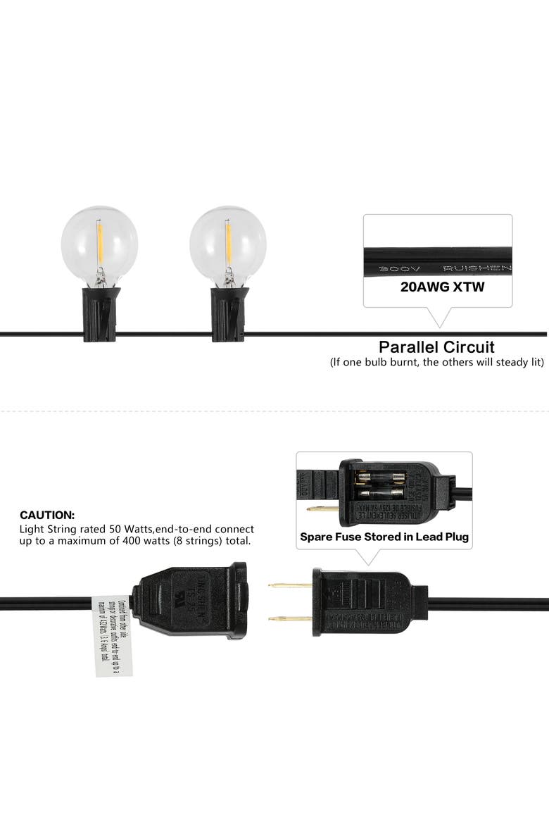 25-Light Indoor/Outdoor 25 ft. Contemporary Rustic Incandescent G40 Bistro Globe Bulb String Lights, Alternate, color, Black