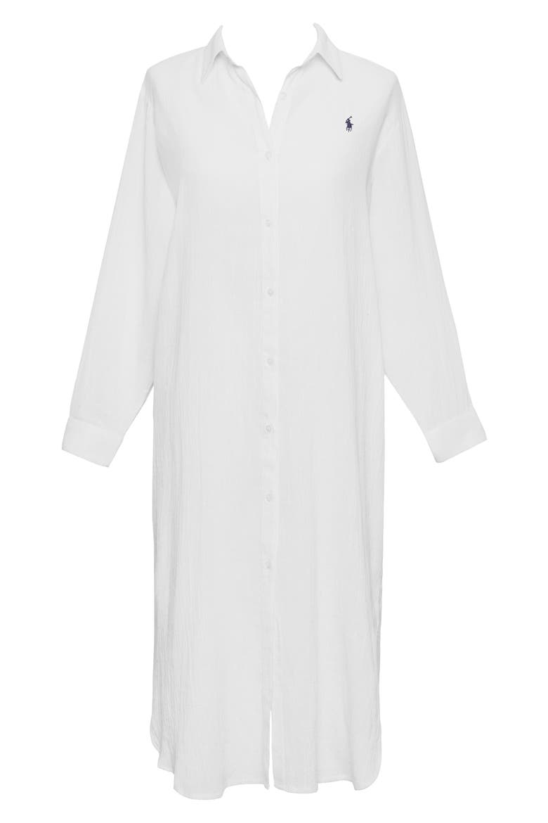 Maxi Organic Cotton & Linen Cover-Up Shirtdress, Alternate, color, CREAM WHT