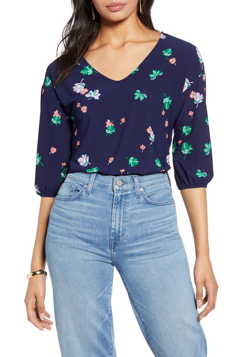 V-Neck Puff Sleeve Knit Top, Main, color, NAVY P DISTANT FLORAL
