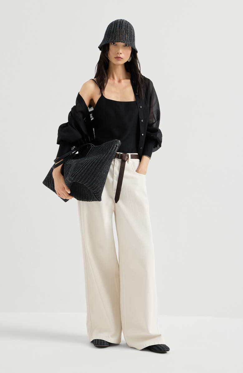 Brunello Cucinelli Striped organza shirt, Alternate, color, Black