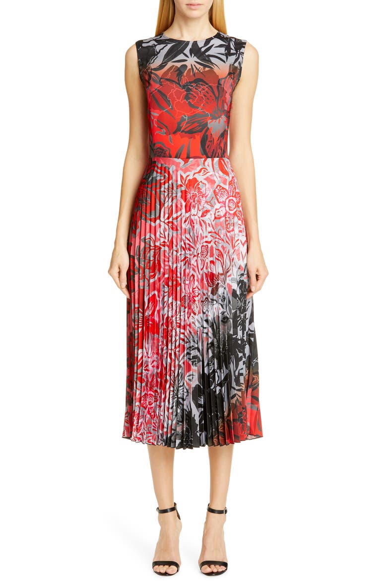 Dégradé Floral Pleated Midi Dress, Main, color, RUBINO