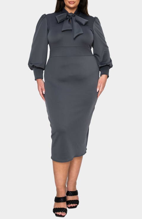 Anastasia Tie Neck Long Sleeve Dress (Plus)