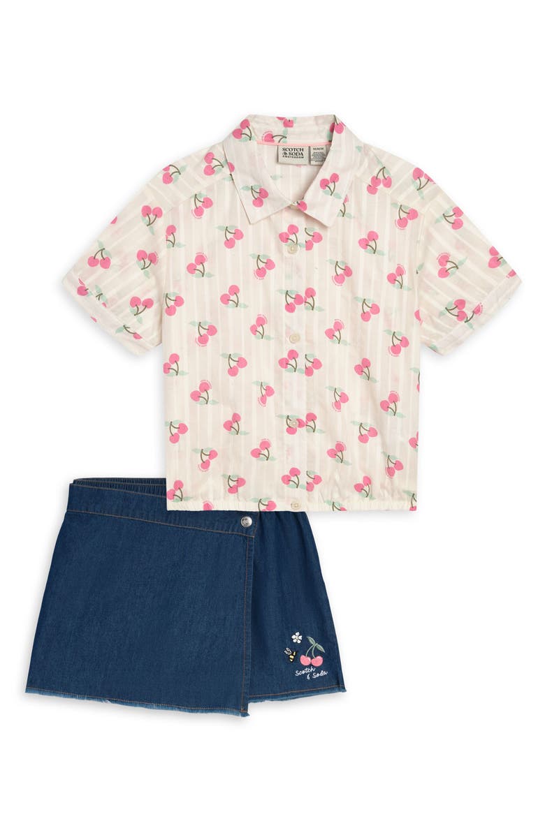 Scotch & Soda Kids' Cherry Print Button Front Shirt & Skort Set, Main, color, Eggnog