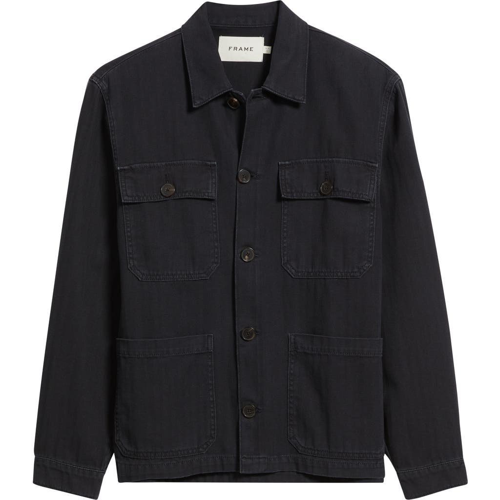 Frame Button-up Cotton Herringbone Chore Coat In Black