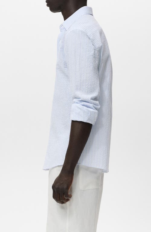 Mango Stripe Stretch Cotton Seersucker Button-up Shirt In Blue